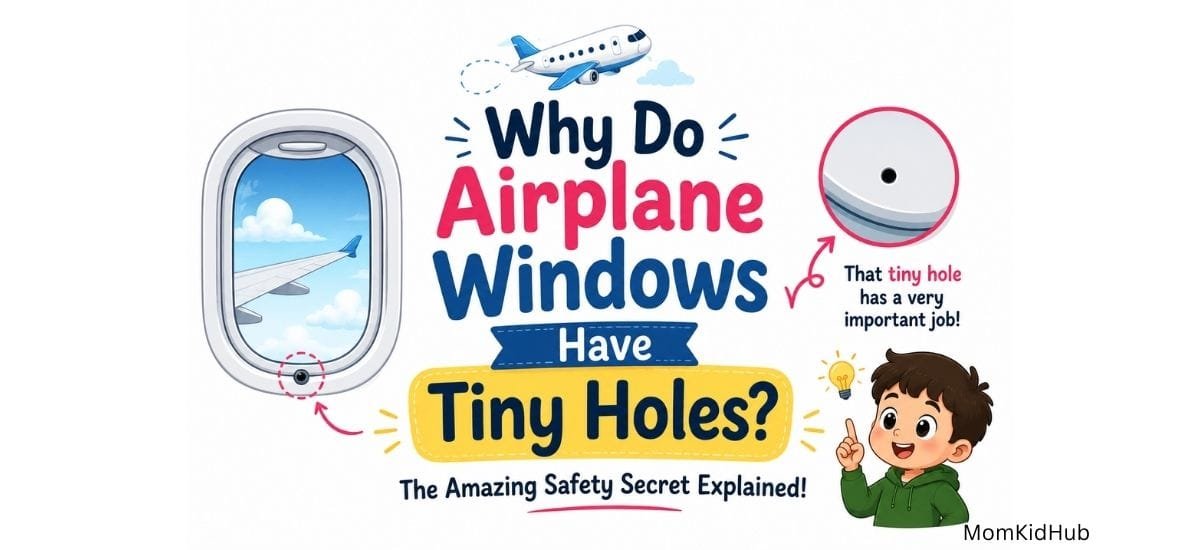 Child looking through an airplane window with a close-up of the tiny bleed hole explained for kids.