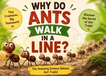 A line of ants following a pheromone trail while carrying food, explaining why ants walk in a line for kids.
