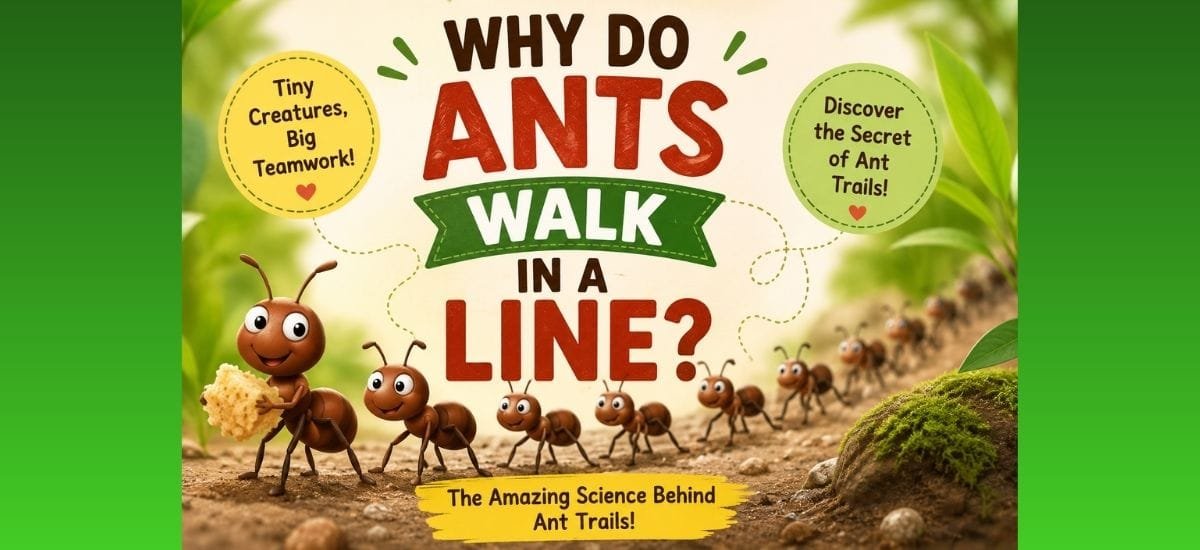 A line of ants following a pheromone trail while carrying food, explaining why ants walk in a line for kids.