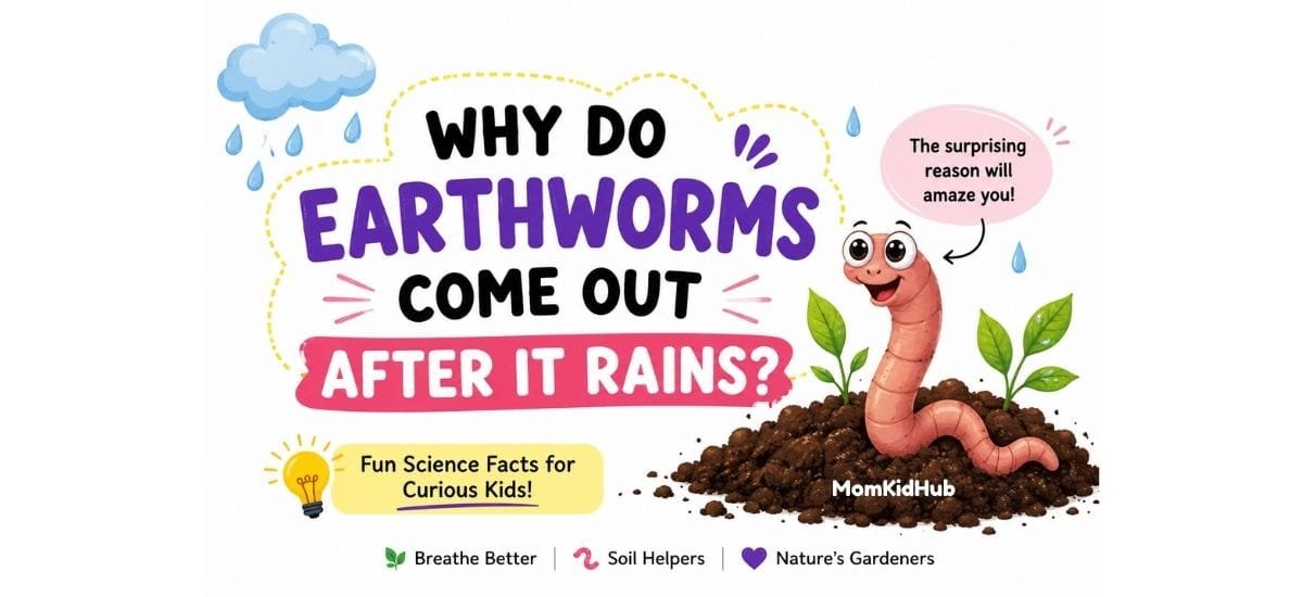 Why do earthworms come out after it rains? Cute illustration explaining rainy season science for kids.