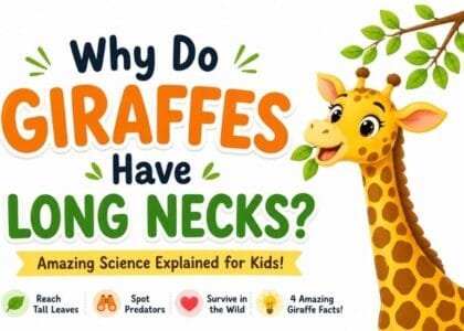 Why do giraffes have long necks? Cute giraffe reaching leaves from a tall tree in a fun science illustration for kids.