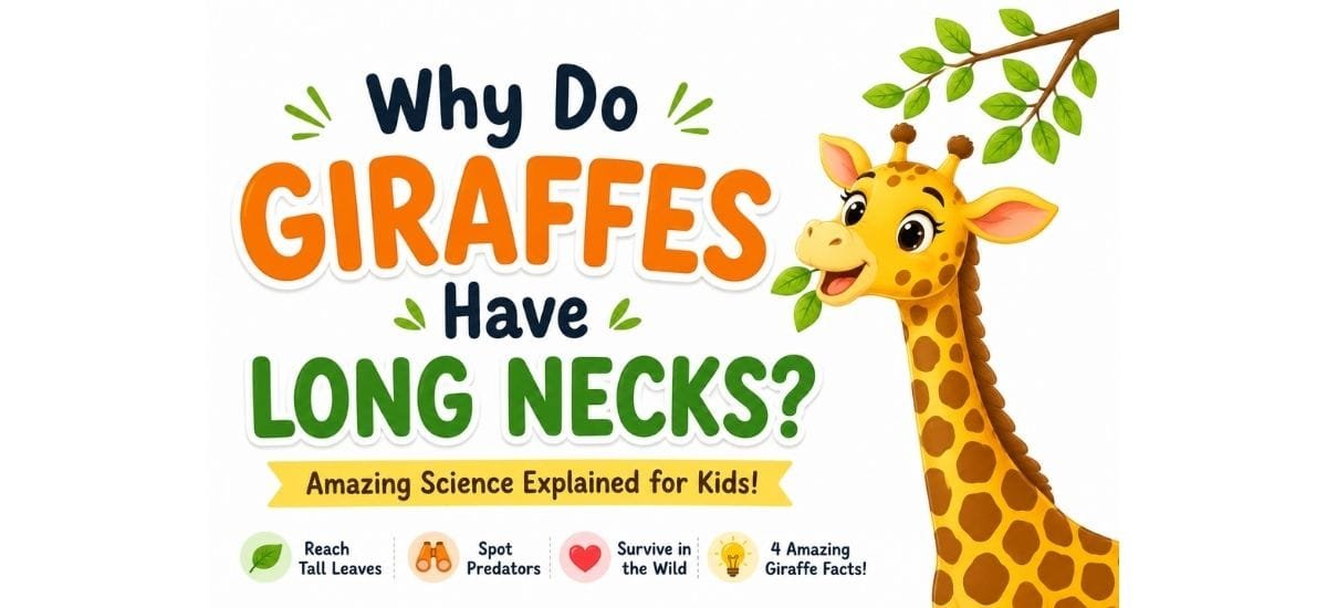 Why do giraffes have long necks? Cute giraffe reaching leaves from a tall tree in a fun science illustration for kids.