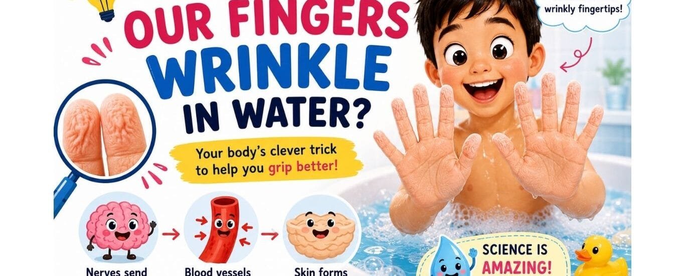 Why do our fingers wrinkle in water? Child looking at wrinkly fingertips after a bath.