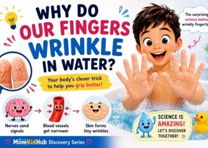 Why do our fingers wrinkle in water? Child looking at wrinkly fingertips after a bath.