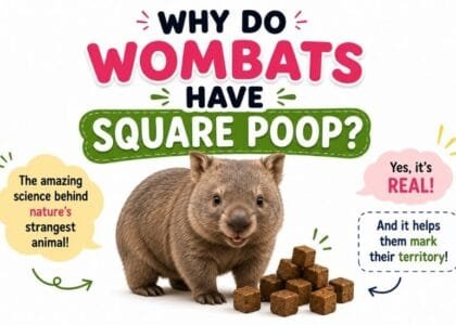 Cute wombat with cube-shaped poop explaining why wombats have square poop in a fun and educational way for kids.