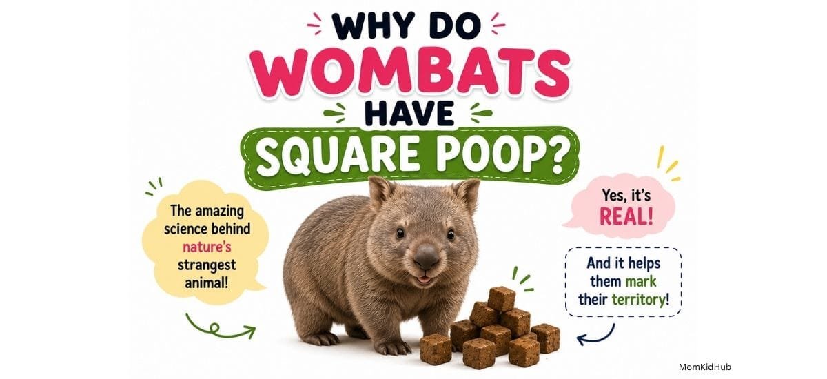 Cute wombat with cube-shaped poop explaining why wombats have square poop in a fun and educational way for kids.