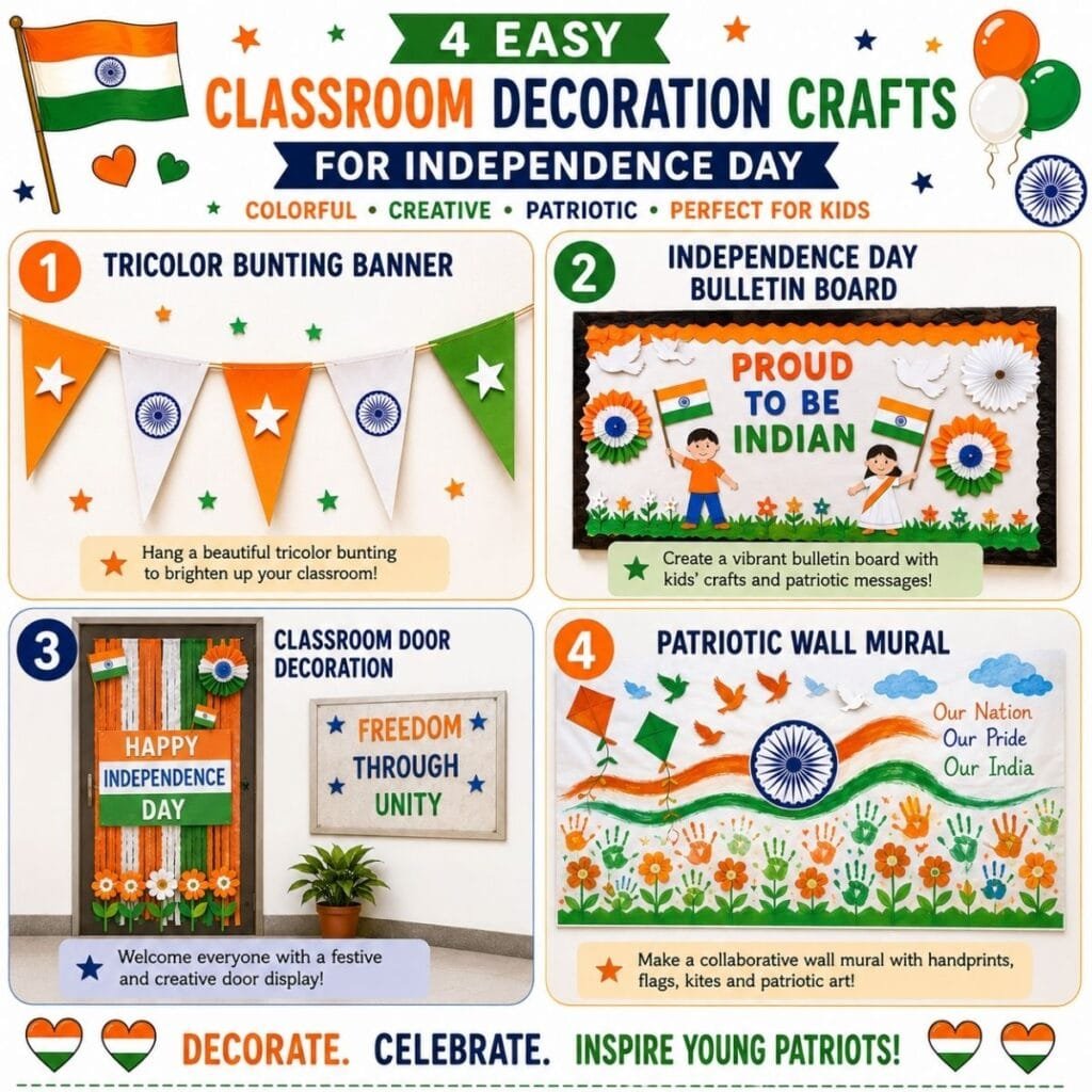 4 easy classroom decoration crafts for Independence Day including a tricolor bunting banner, bulletin board, classroom door decoration, and patriotic wall mural for preschoolers.