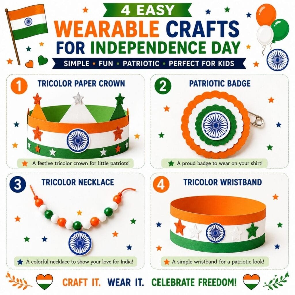 4 easy wearable Independence Day crafts for preschoolers including a tricolor paper crown, patriotic badge, tricolor necklace, and tricolor wristband.
