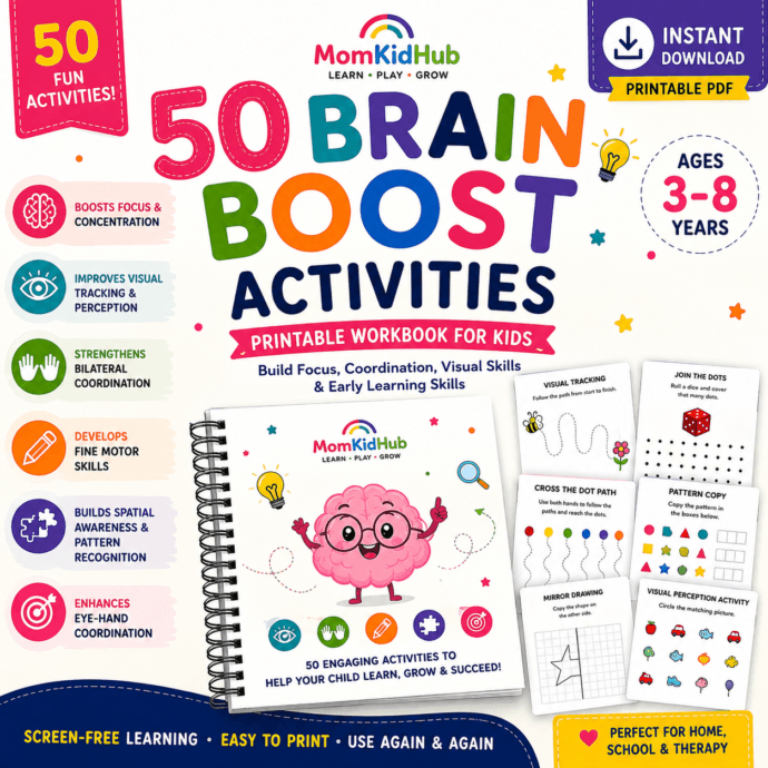 Cover of the 50 Brain Boost Activities printable worksheet bundle for kids ages 3-8 featuring visual perception, bilateral coordination, attention, and brain development activities.
