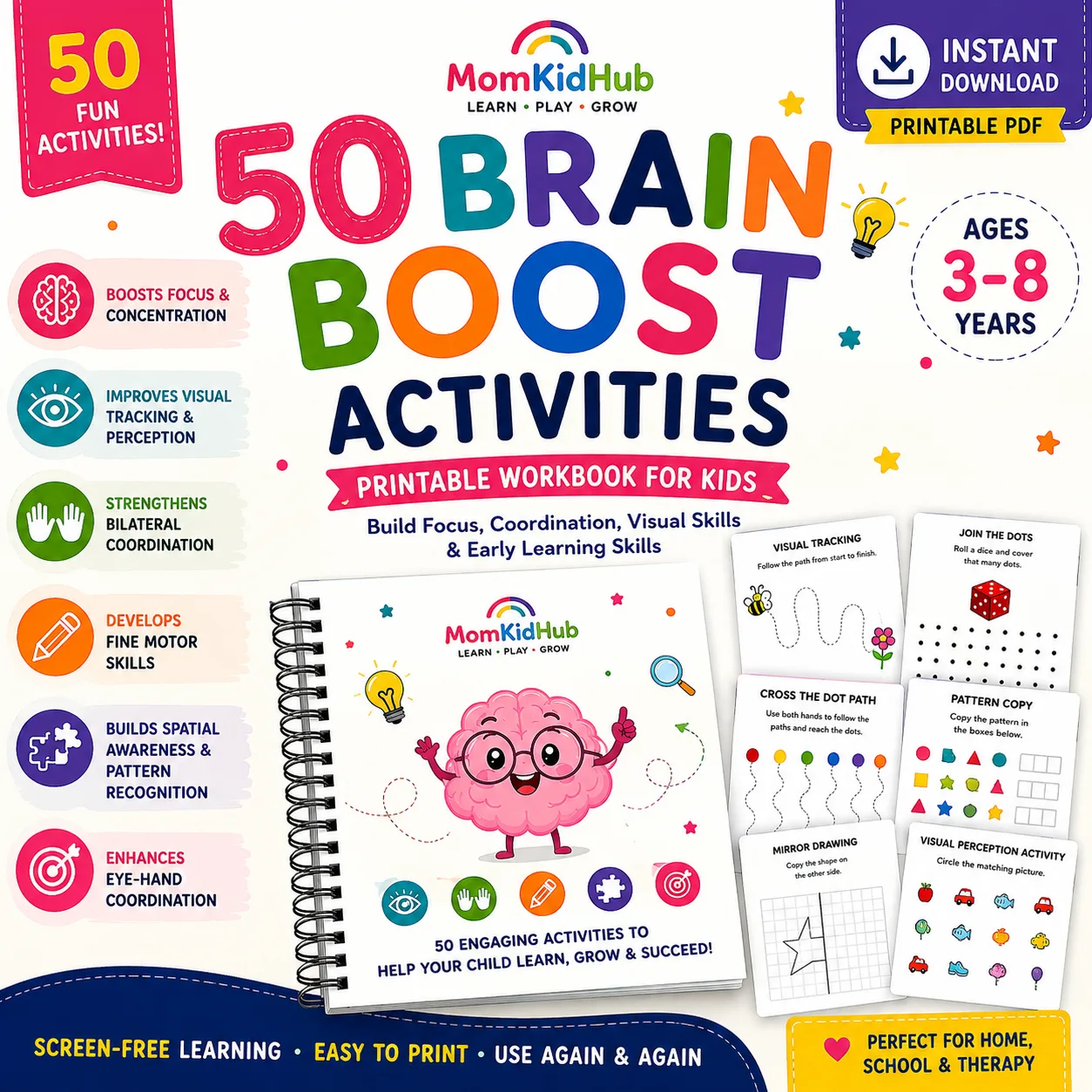 Cover of the 50 Brain Boost Activities printable worksheet bundle for kids ages 3-8 featuring visual perception, bilateral coordination, attention, and brain development activities.