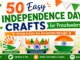 50 easy Independence Day crafts for preschoolers featuring Indian flag crafts, handprint art, paper plate crafts, tricolor crowns, and popsicle stick flag activities.