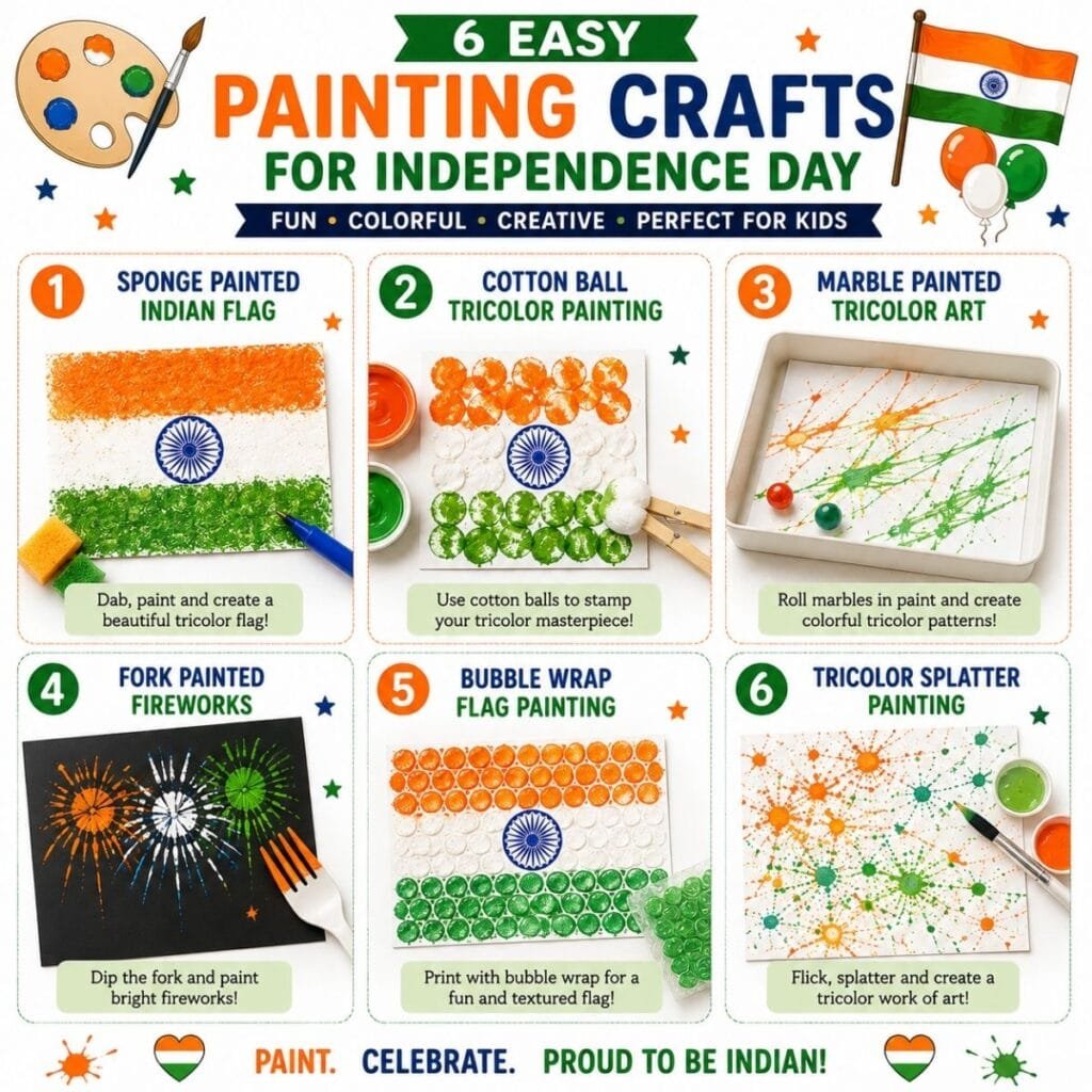 6 easy Independence Day painting crafts for preschoolers including sponge painting, cotton ball painting, marble painting, fork fireworks, bubble wrap printing, and tricolor splatter art.