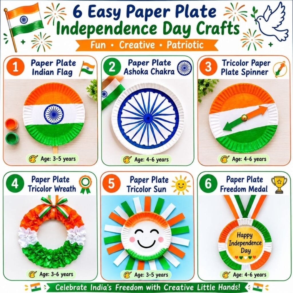 6 easy paper plate Independence Day crafts for preschoolers including an Indian flag, Ashoka Chakra, tricolor spinner, wreath, smiling sun, and freedom medal.