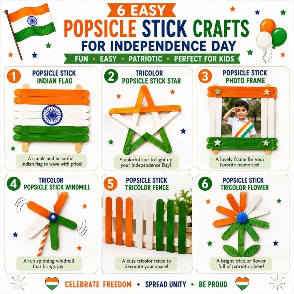 6 easy popsicle stick Independence Day crafts for preschoolers including an Indian flag, tricolor star, photo frame, windmill, fence, and flower.