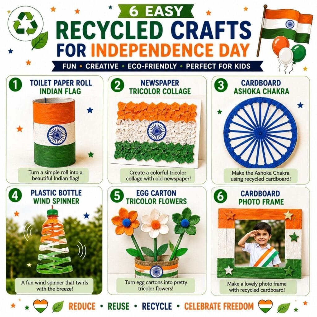 6 easy recycled Independence Day crafts for preschoolers using toilet paper rolls, newspapers, cardboard, plastic bottles, egg cartons, and recycled photo frames.