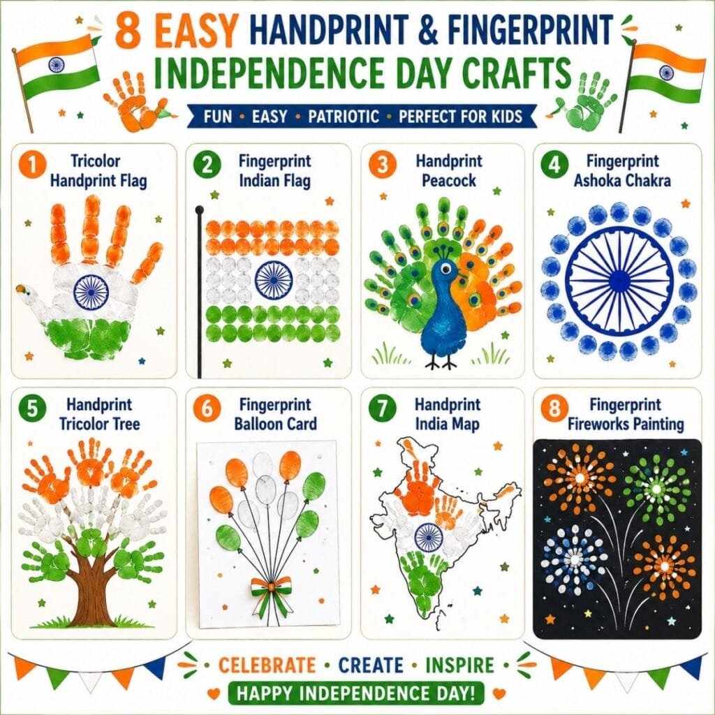 8 easy handprint and fingerprint Independence Day crafts for preschoolers including tricolor handprint flag, fingerprint Indian flag, peacock, Ashoka Chakra, India map, fireworks, balloon card, and tricolor tree.