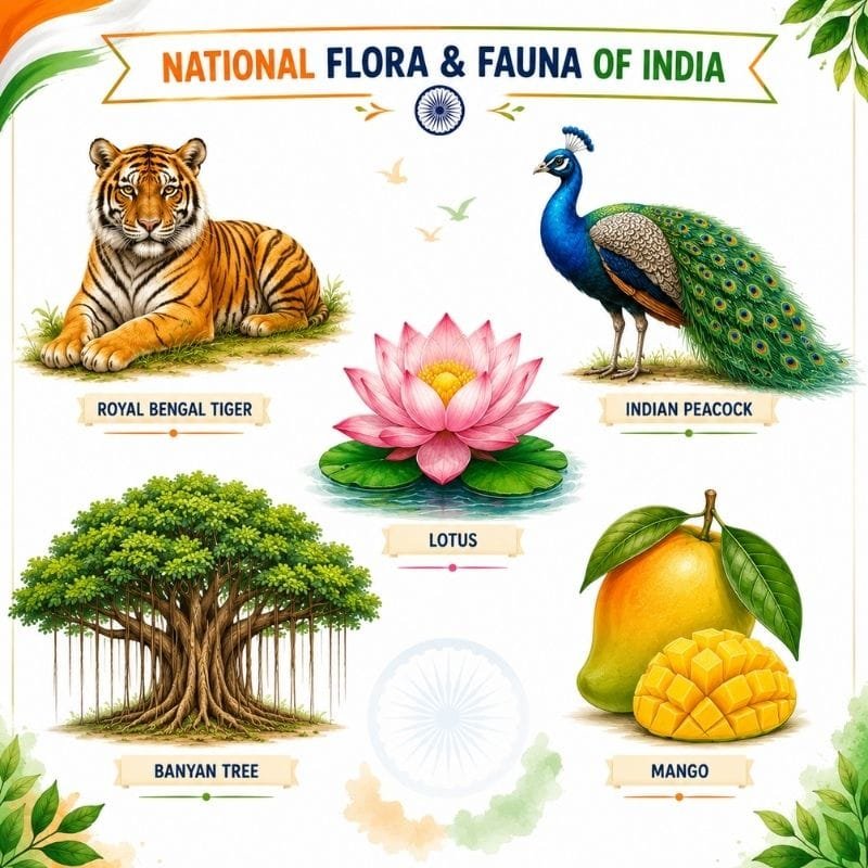 Illustration of India's national flora and fauna featuring the Royal Bengal Tiger, Indian Peacock, Lotus, Banyan Tree, and Mango.