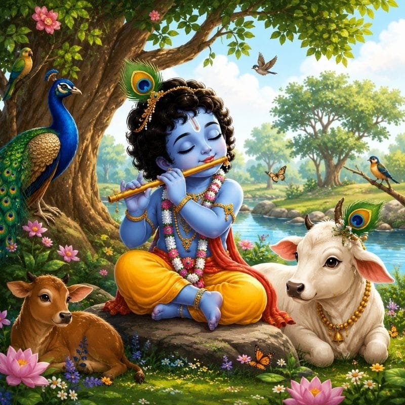 Cute baby Lord Krishna playing a flute while sitting beside a calf in a peaceful village setting