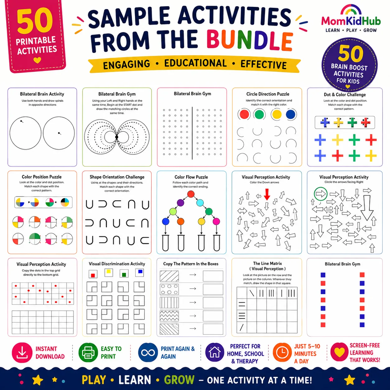 Sample pages from the Brain Boost printable PDF featuring visual discrimination, bilateral coordination, pattern copying, matching, and attention-building activities for children.