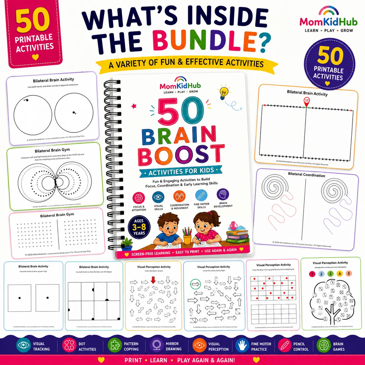 Preview showing the contents of the printable worksheet bundle including visual perception, bilateral brain gym, tracing, matching, and cognitive skill activities.