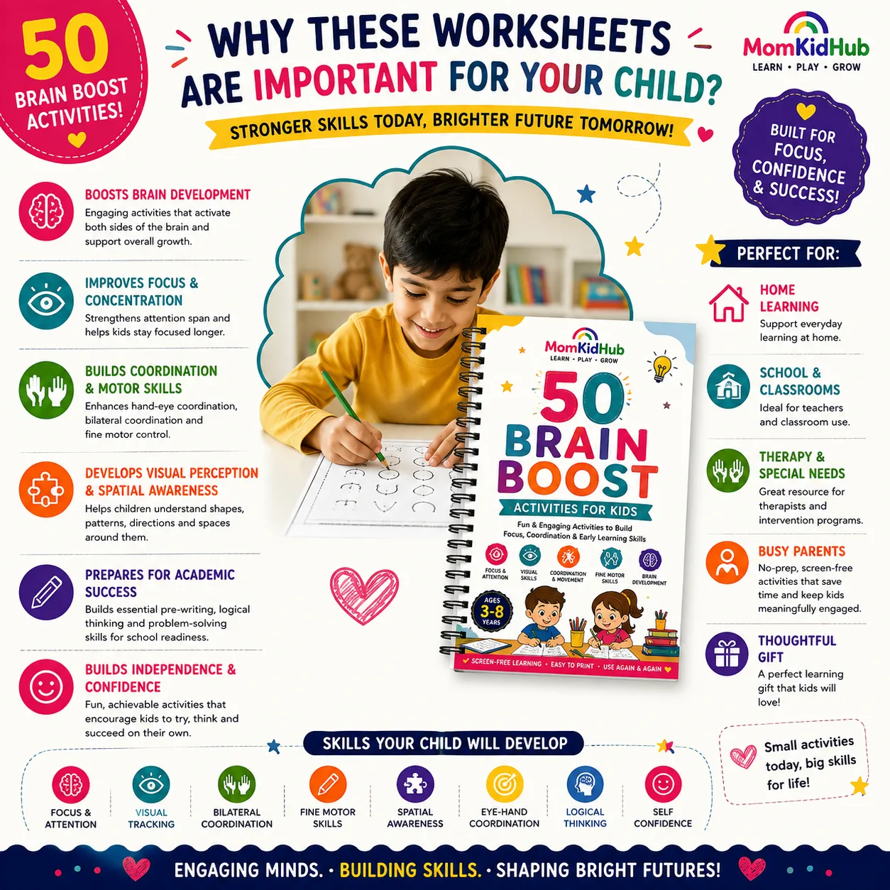 Educational printable worksheets designed to improve focus, visual perception, concentration, fine motor skills, bilateral coordination, problem-solving, and early learning abilities.