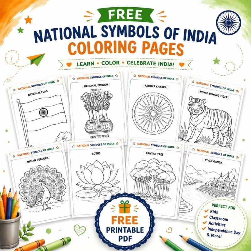 Preview of free printable National Symbols of India coloring pages including the National Flag, National Emblem, Ashoka Chakra, Royal Bengal Tiger, Peacock, Lotus, Banyan Tree, and River Ganga.