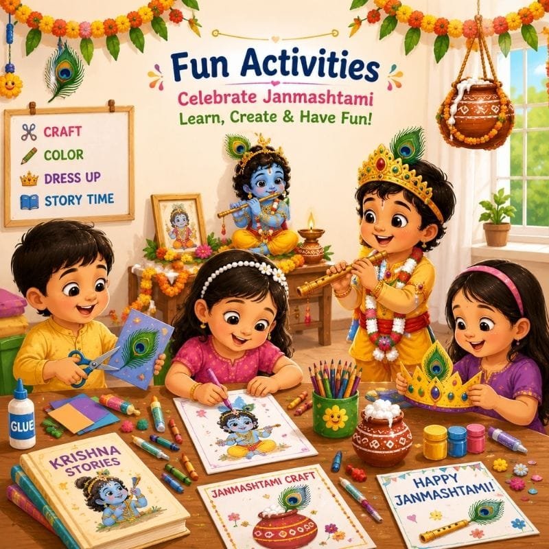 Children enjoying Janmashtami crafts, coloring, storytelling, and festive activities