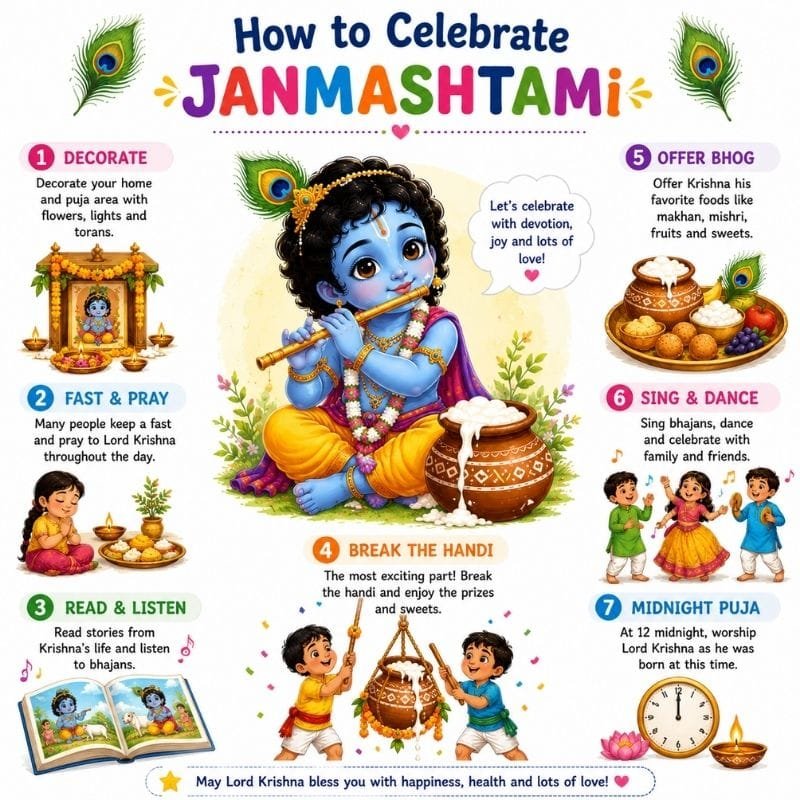 Step-by-step infographic explaining Janmashtami traditions and celebrations