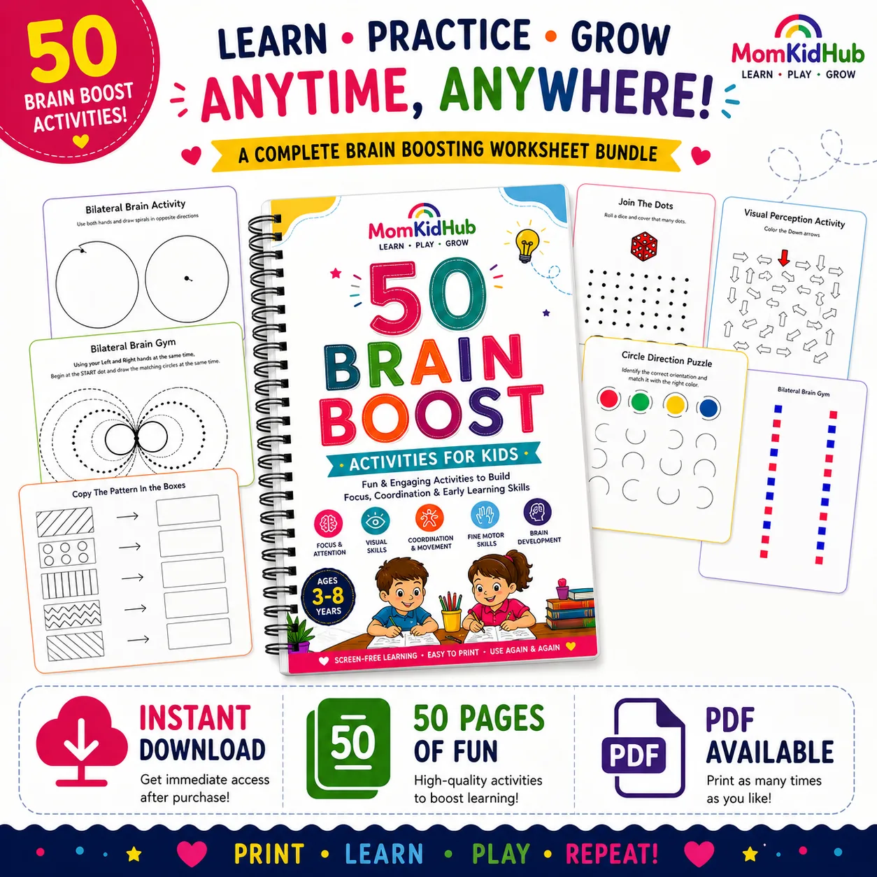 50 Brain Boost Activities printable PDF featuring visual perception, bilateral coordination, attention, visual discrimination, pattern recognition, and cognitive development worksheets for preschool and kindergarten kids.