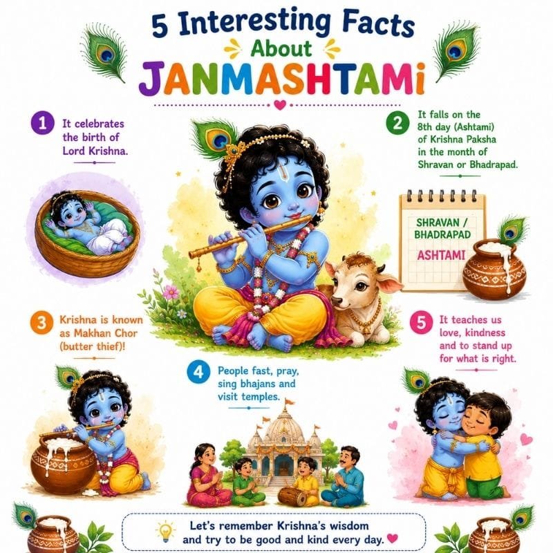 Educational infographic sharing fun facts about Janmashtami and Lord Krishna