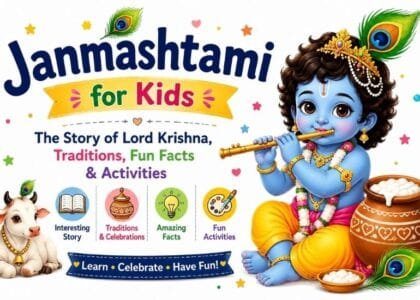Colorful illustration of Lord Krishna with a flute, peacock feather, and butter pot for a Janmashtami for Kids guide
