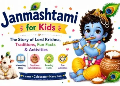 Colorful illustration of Lord Krishna with a flute, peacock feather, and butter pot for a Janmashtami for Kids guide