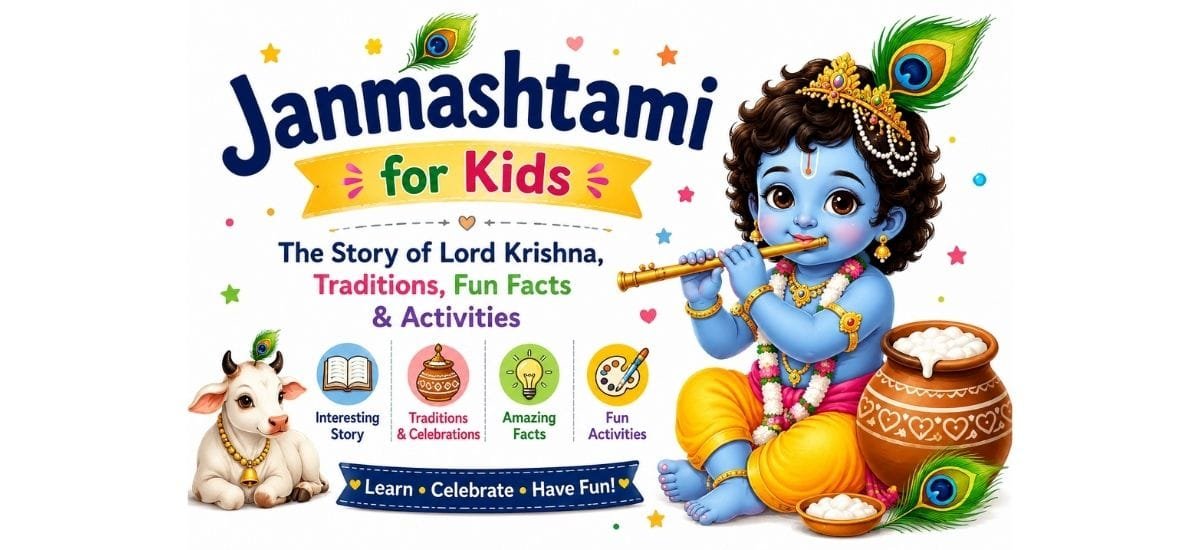 Colorful illustration of Lord Krishna with a flute, peacock feather, and butter pot for a Janmashtami for Kids guide