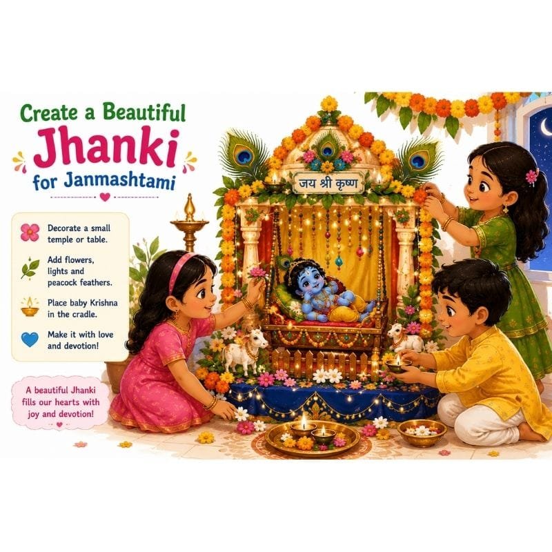 Children decorating a colorful Janmashtami Jhanki with flowers, lights, and baby Krishna