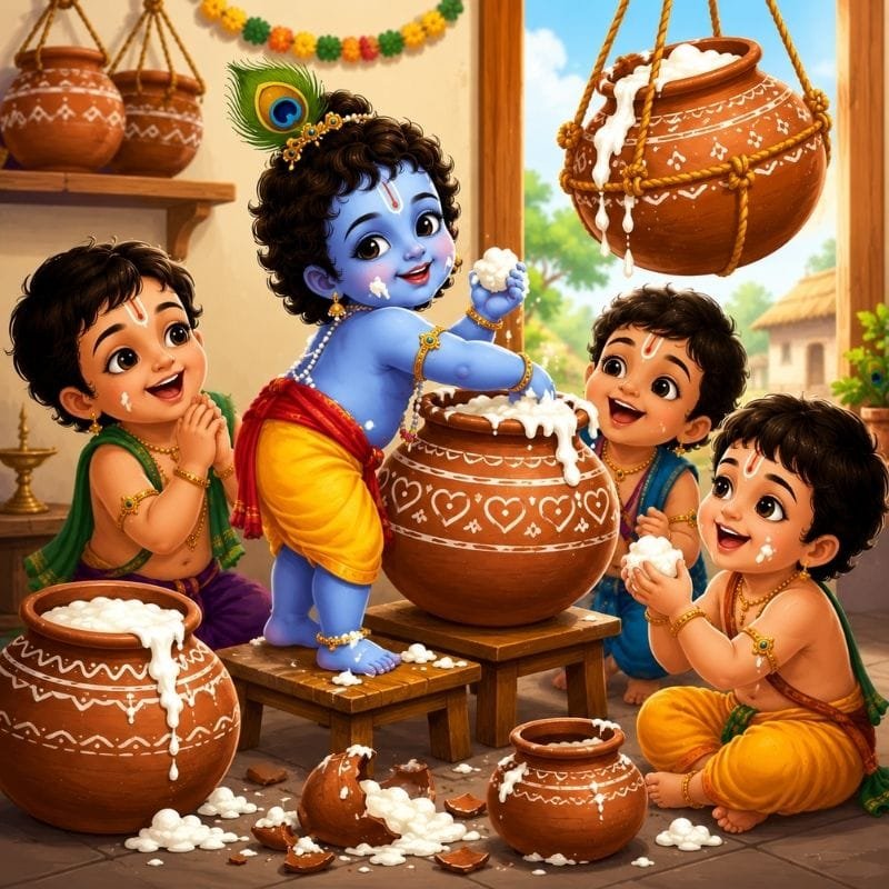 Young Krishna reaching for a butter pot with his friends in Gokul