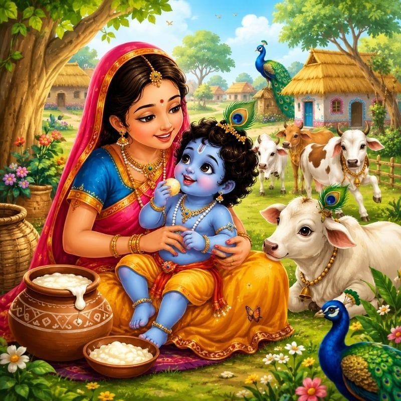 Mother Yashoda lovingly holding baby Krishna in Gokul