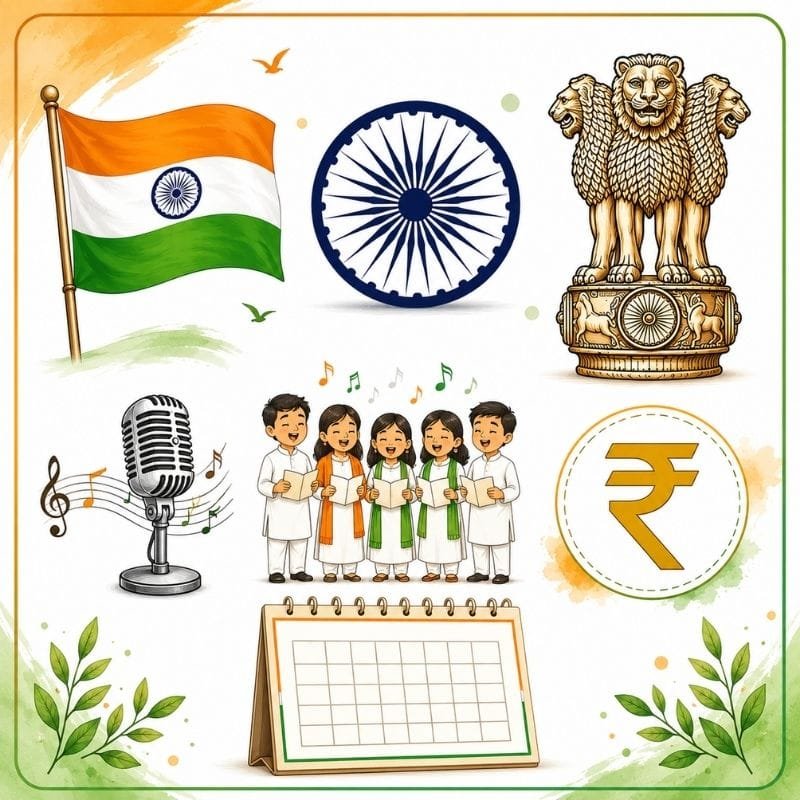 Illustration showing India's national identity symbols including the National Flag, Ashoka Chakra, National Emblem, National Anthem, National Song, Indian Rupee symbol, and Saka Calendar.
