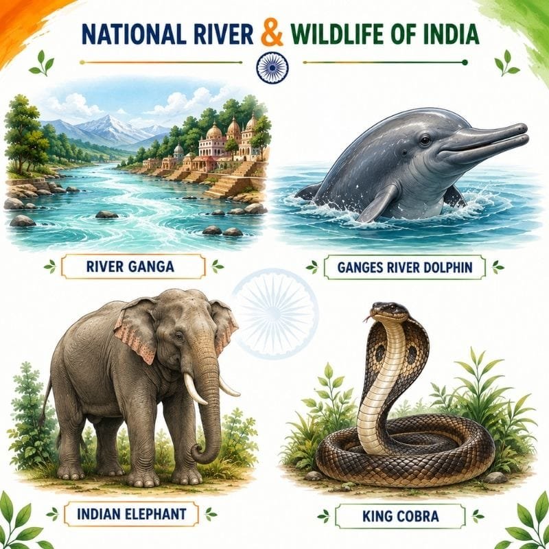 Illustration showing the River Ganga, Ganges River Dolphin, Indian Elephant, and King Cobra, the official national river and wildlife symbols of India.