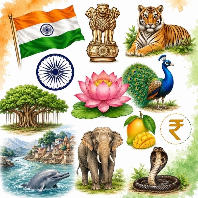 Illustrated collage of the official National Symbols of India including the Indian Flag, National Emblem, Ashoka Chakra, Tiger, Peacock, Lotus, Banyan Tree, Mango, River Ganga, Ganges River Dolphin, Indian Elephant, King Cobra, and Indian Rupee symbol.