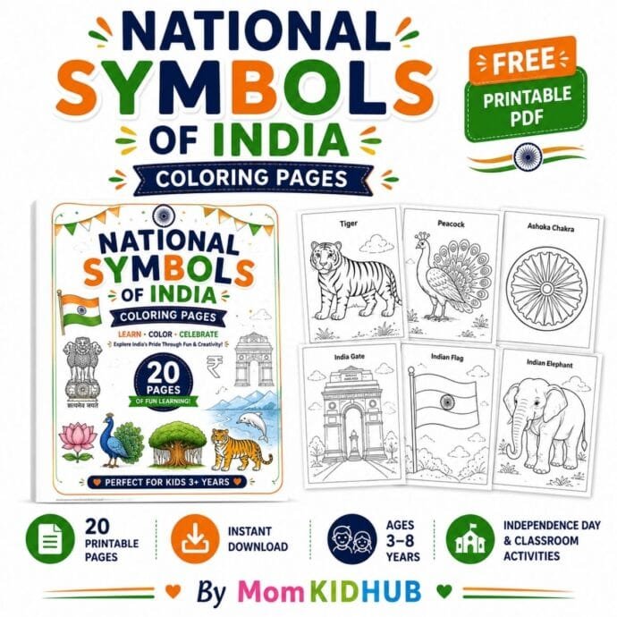 National Symbols of India Coloring Pages FREE Printable PDF with 20 printable pages for kids featuring the Indian Flag, Ashoka Chakra, National Emblem, Tiger, Peacock, Lotus, India Gate, and more.