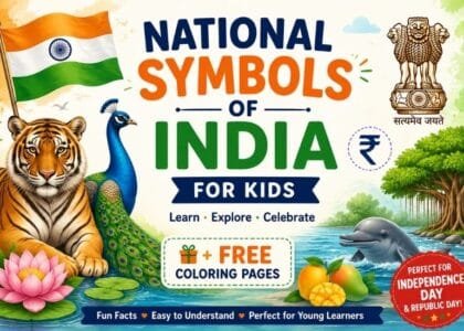 National Symbols of India for Kids featuring the Indian Flag, Royal Bengal Tiger, Peacock, Lotus, Banyan Tree, National Emblem, Ashoka Chakra, and FREE printable coloring pages.