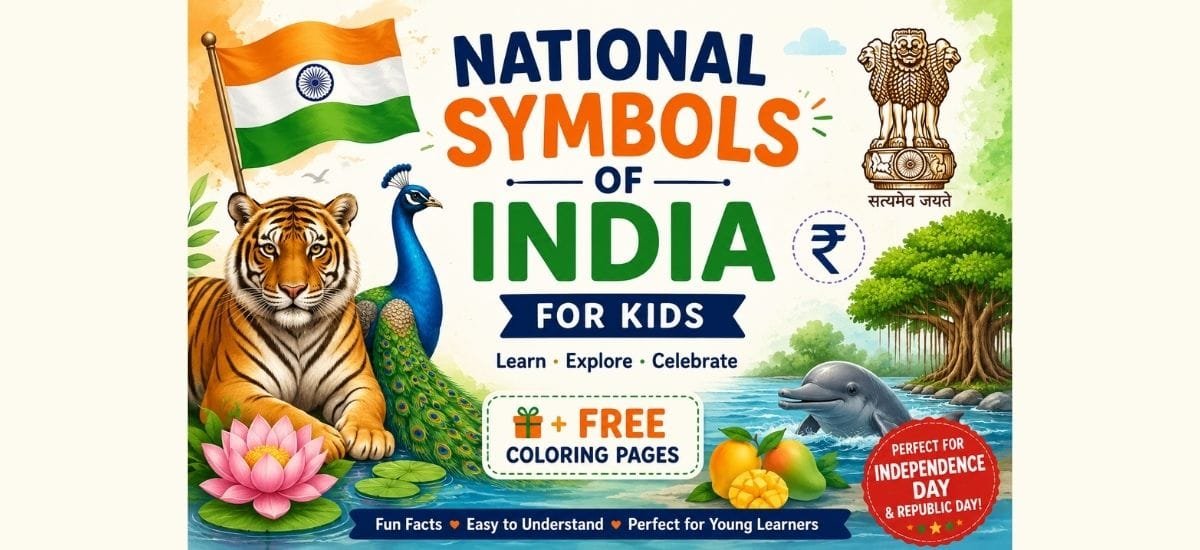 National Symbols of India for Kids featuring the Indian Flag, Royal Bengal Tiger, Peacock, Lotus, Banyan Tree, National Emblem, Ashoka Chakra, and FREE printable coloring pages.
