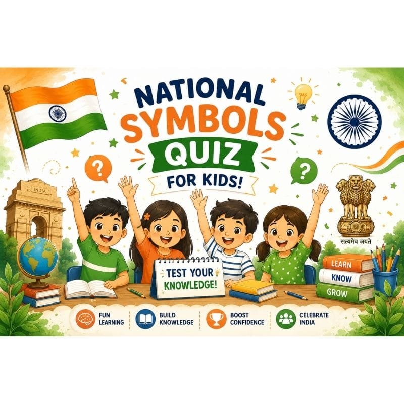 Illustration of children taking a National Symbols of India quiz with the Indian Flag, Ashoka Chakra, National Emblem, and India Gate in the background.