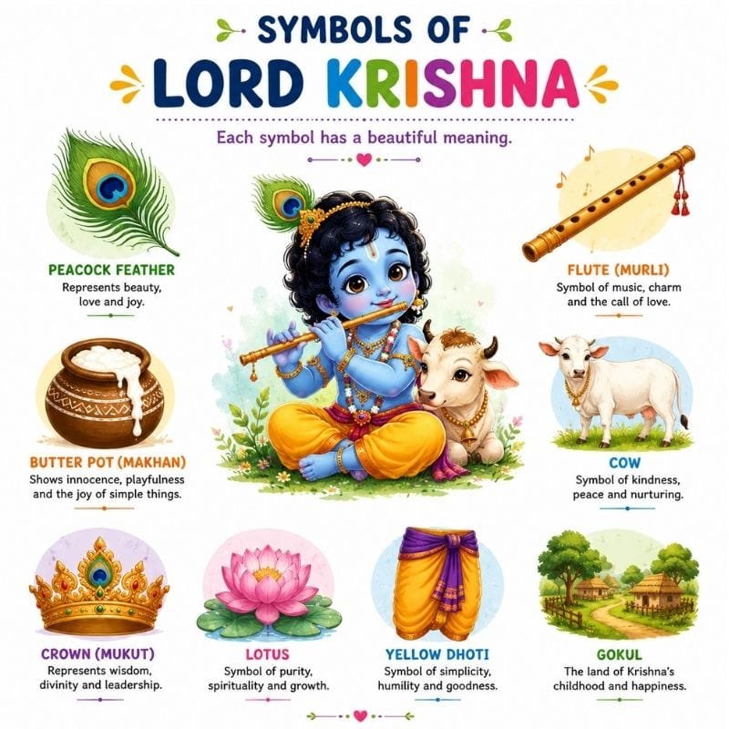 Educational illustration showing Krishna's flute, peacock feather, butter pot, cow, lotus, and crown