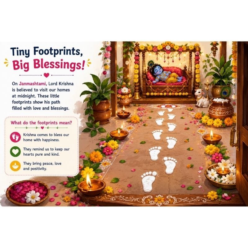 White baby Krishna footprints leading to a decorated cradle during Janmashtami