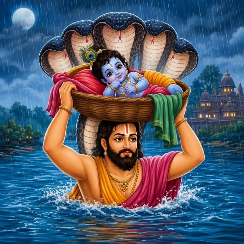 Vasudeva carrying baby Krishna across the Yamuna River while Sheshnag protects them from the rain