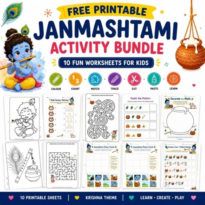 Free Janmashtami activity bundle with 10 printable Krishna worksheets for kids including colouring, counting, matching, tracing, patterns and puzzles.