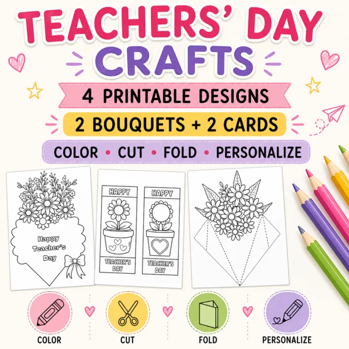 Teachers Day crafts printable for kids with cards and bouquet templates