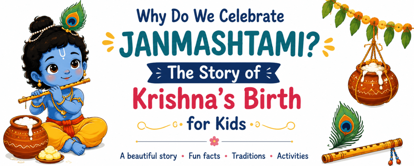 Why do we celebrate Janmashtami? Krishna’s birth story for kids with baby Krishna, flute, peacock feather and matki.