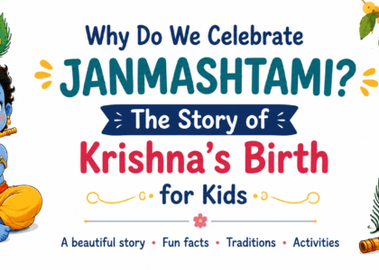 Why do we celebrate Janmashtami? Krishna’s birth story for kids with baby Krishna, flute, peacock feather and matki.
